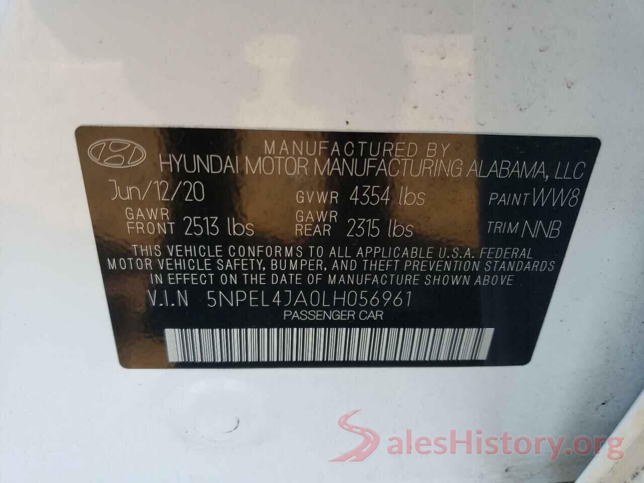 5NPEL4JA0LH056961 2020 HYUNDAI SONATA