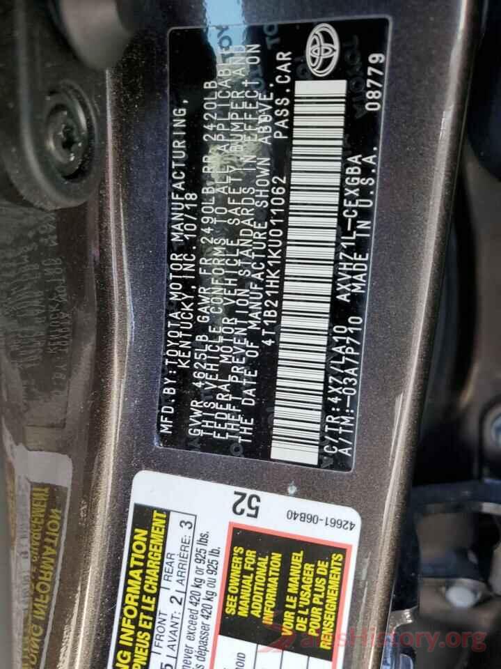 4T1B21HK1KU011062 2019 TOYOTA CAMRY