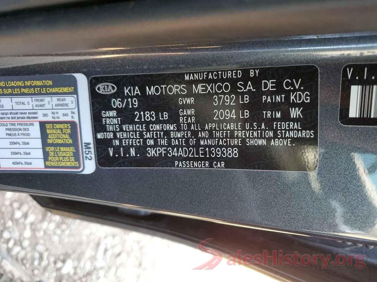 3KPF34AD2LE139388 2020 KIA FORTE