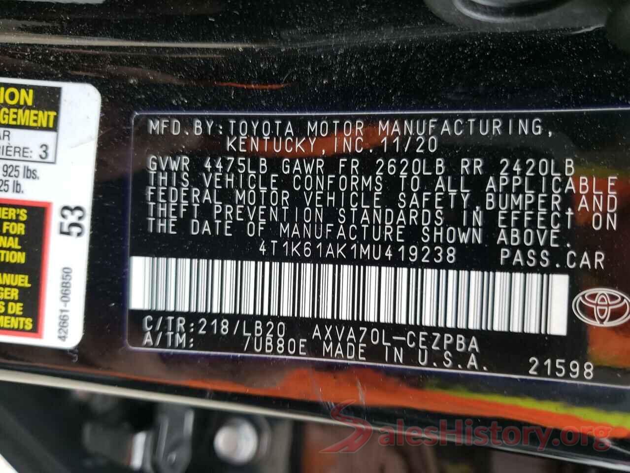 4T1K61AK1MU419238 2021 TOYOTA CAMRY