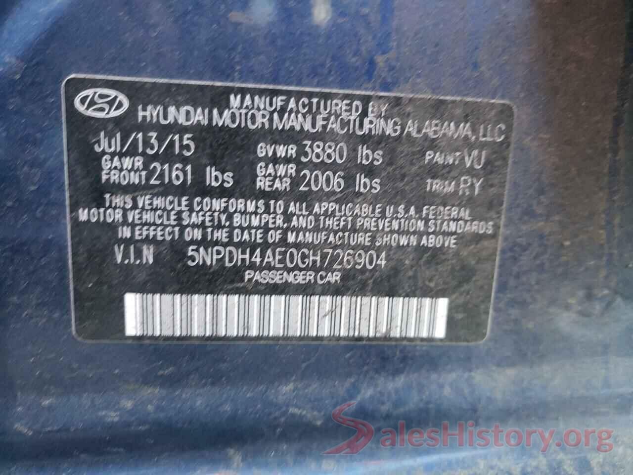 5NPDH4AE0GH726904 2016 HYUNDAI ELANTRA