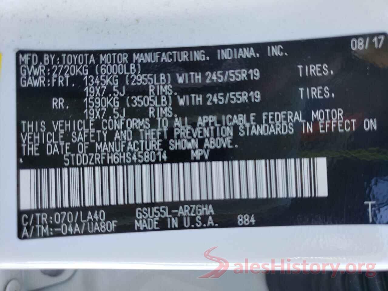 5TDDZRFH6HS458014 2017 TOYOTA HIGHLANDER