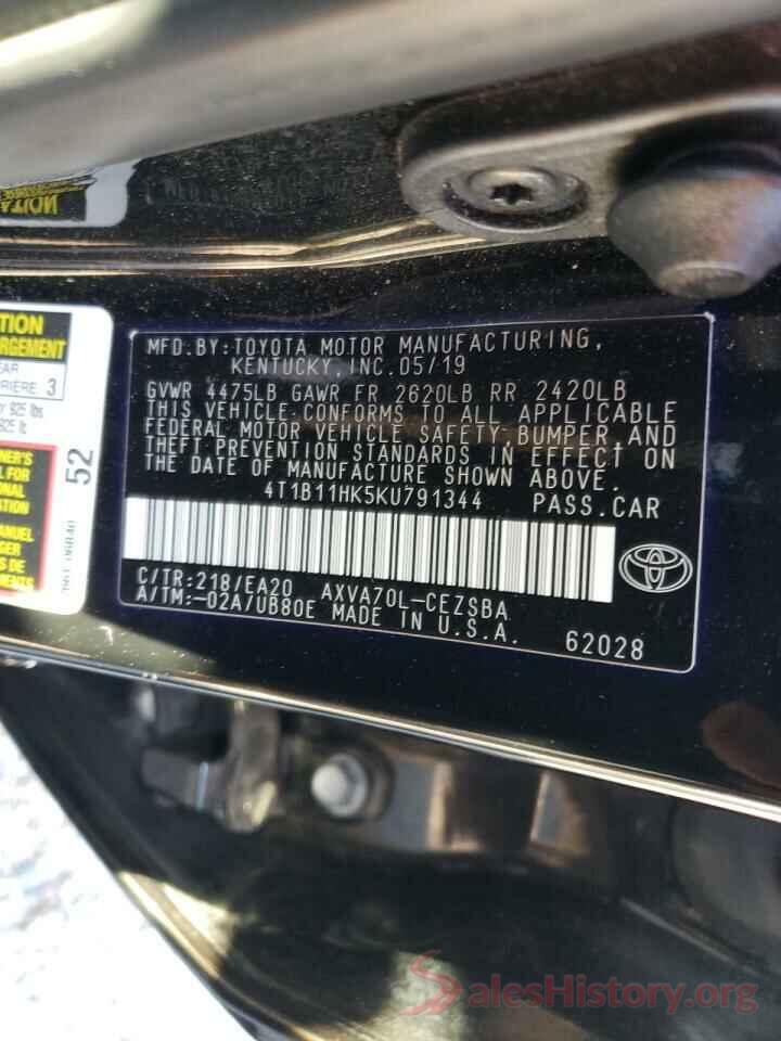 4T1B11HK5KU791344 2019 TOYOTA CAMRY