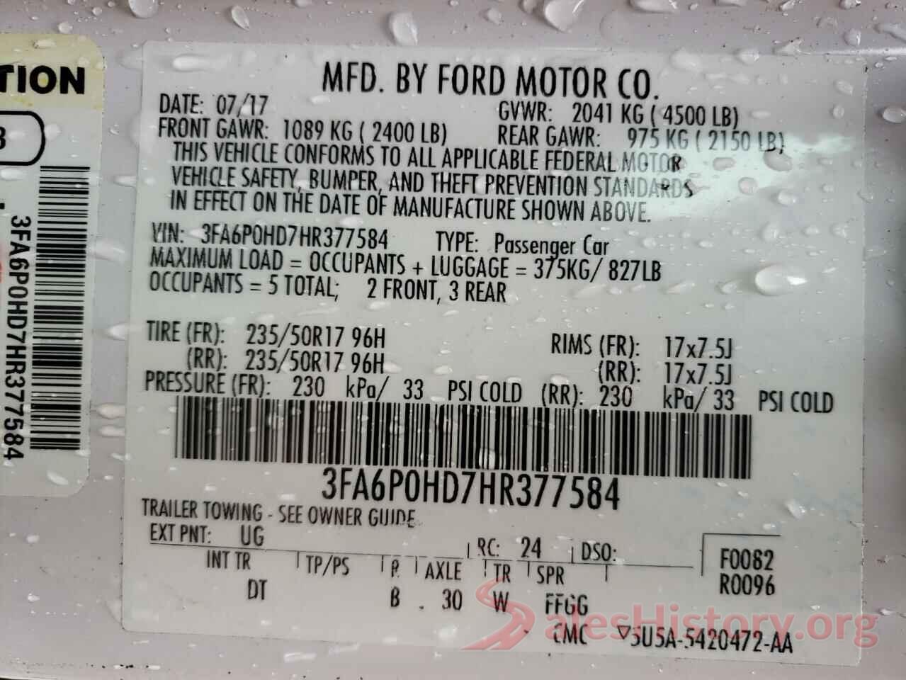 3FA6P0HD7HR377584 2017 FORD FUSION