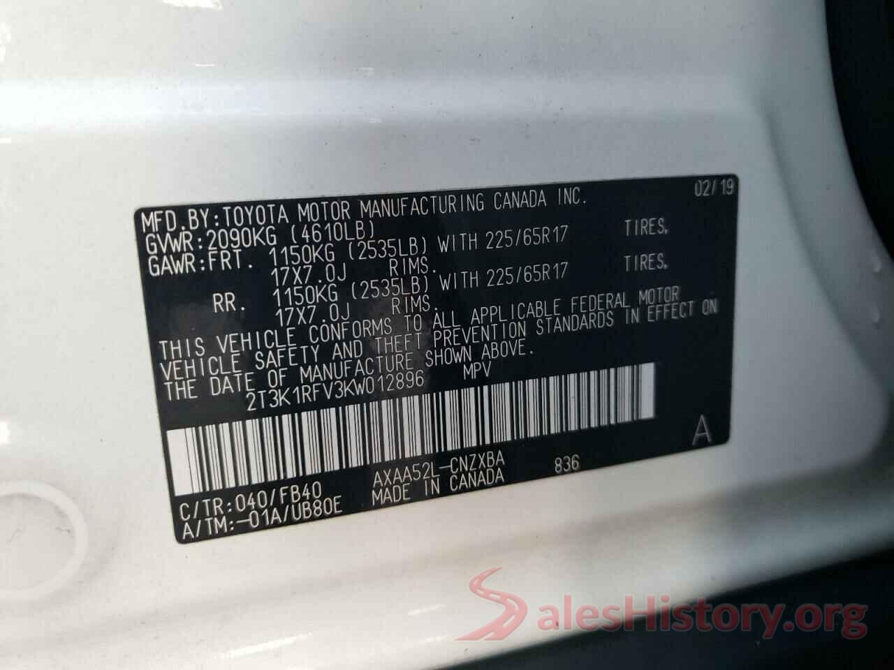 2T3K1RFV3KW012896 2019 TOYOTA RAV4