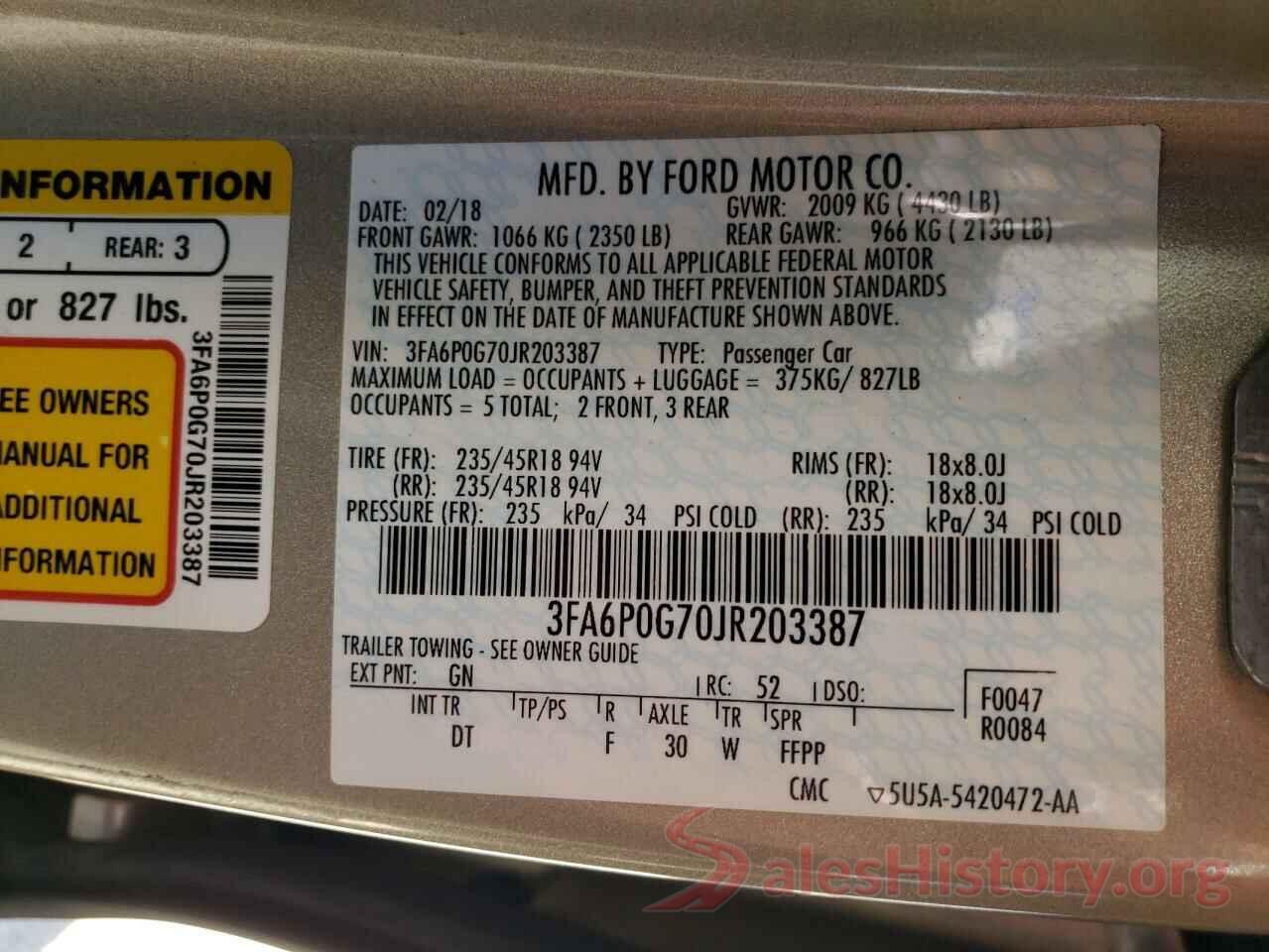 3FA6P0G70JR203387 2018 FORD FUSION