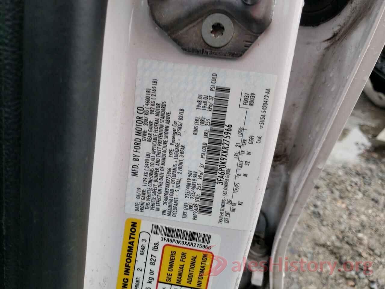 3FA6P0K9XKR275966 2019 FORD FUSION