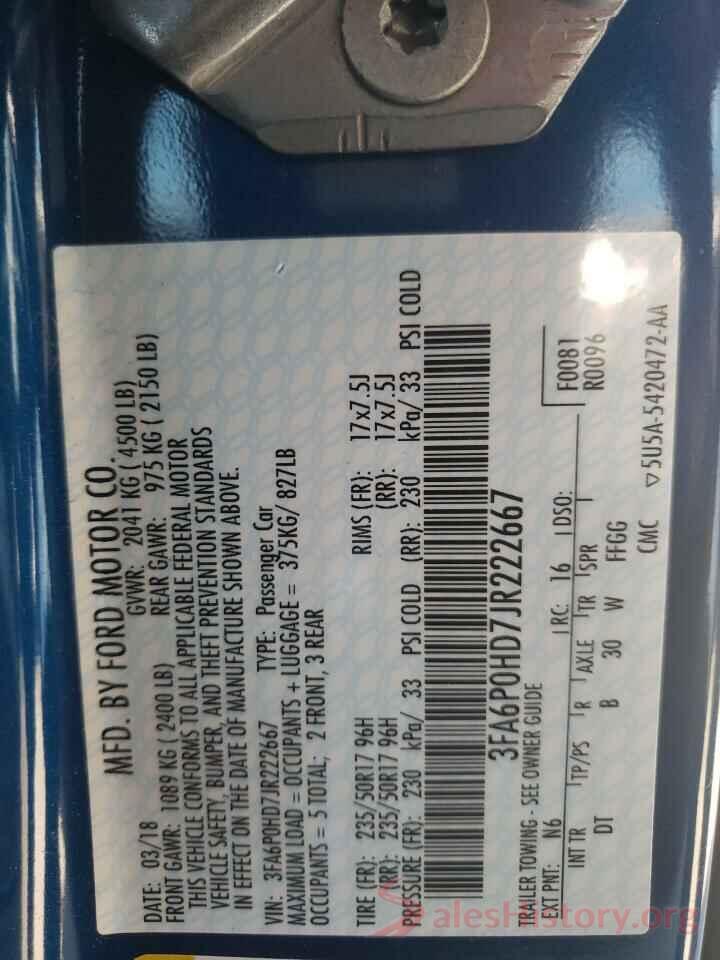 3FA6P0HD7JR222667 2018 FORD FUSION