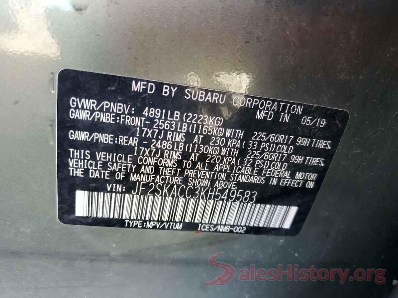 JF2SKACC3KH549583 2019 SUBARU FORESTER