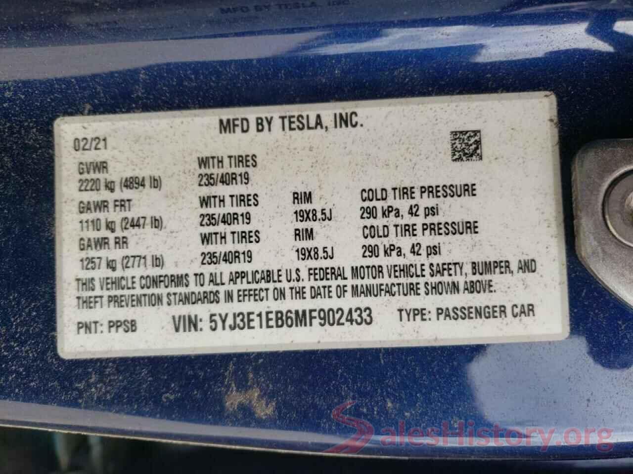 5YJ3E1EB6MF902433 2021 TESLA MODEL 3