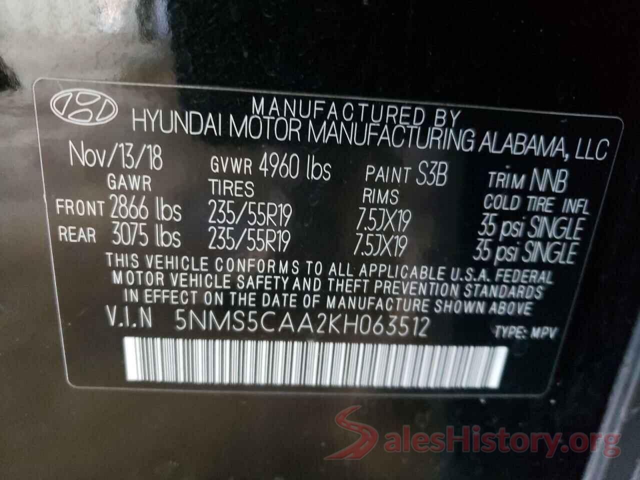 5NMS5CAA2KH063512 2019 HYUNDAI SANTA FE