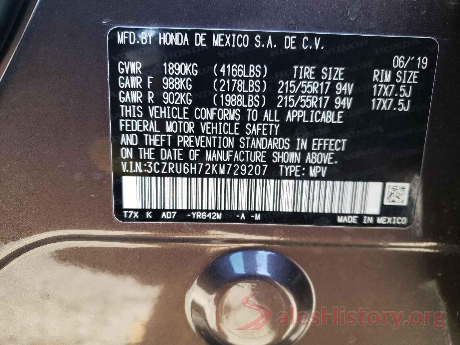 3CZRU6H72KM729207 2019 HONDA HR-V