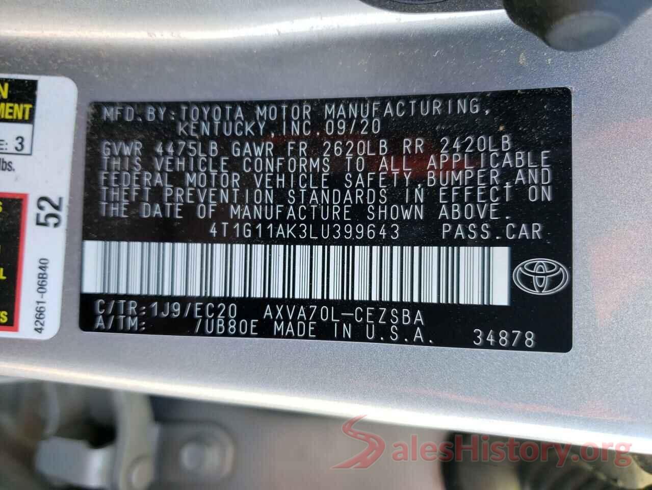 4T1G11AK3LU399643 2020 TOYOTA CAMRY