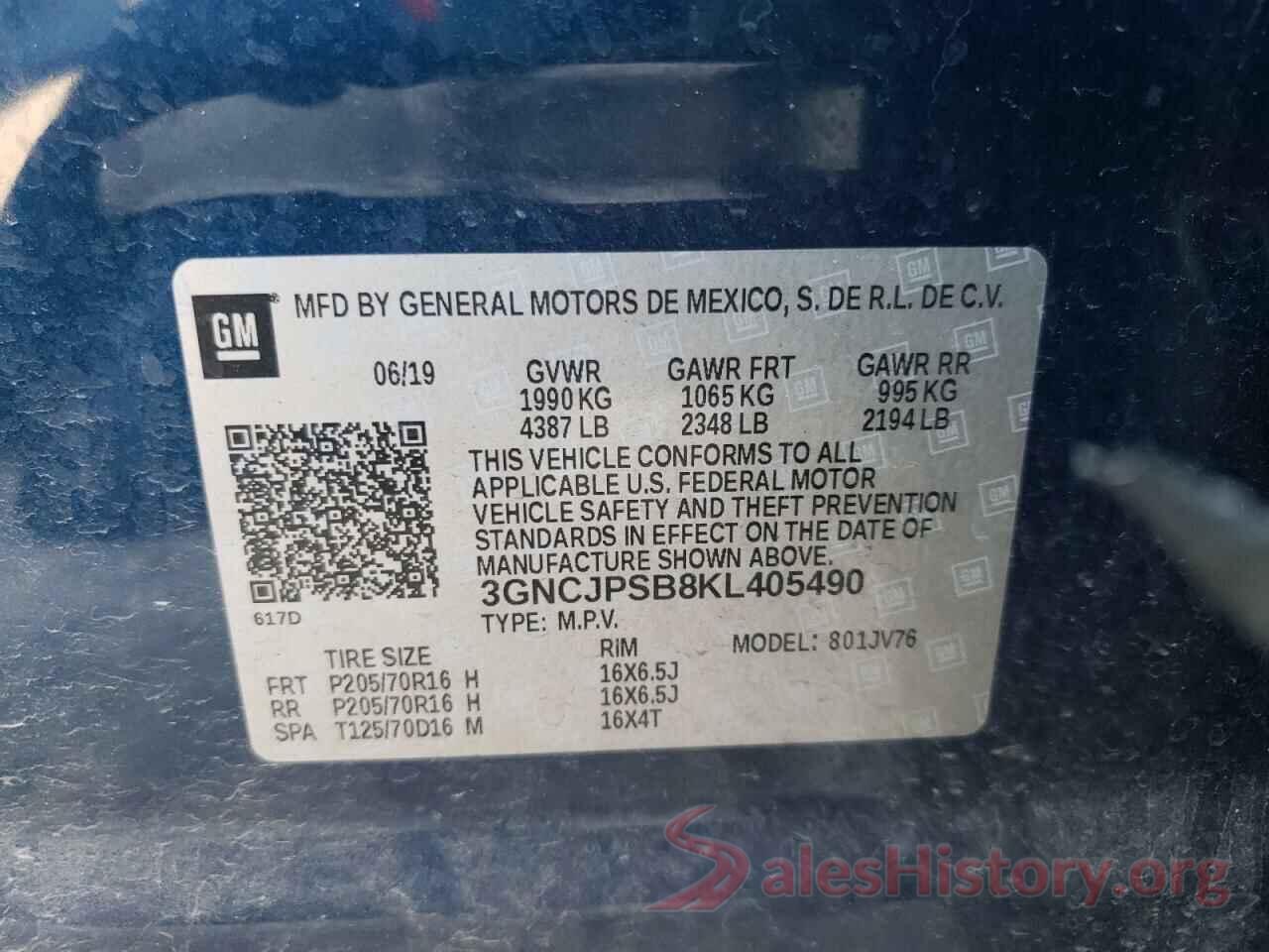 3GNCJPSB8KL405490 2019 CHEVROLET TRAX