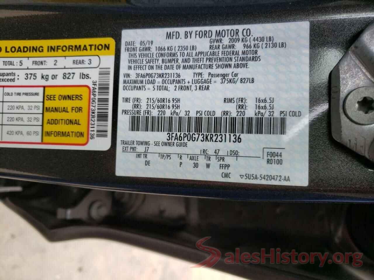 3FA6P0G73KR231136 2019 FORD FUSION