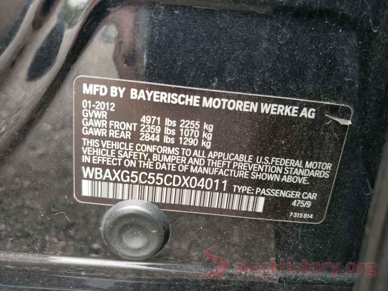 WBAXG5C55CDX04011 2012 BMW 5 SERIES