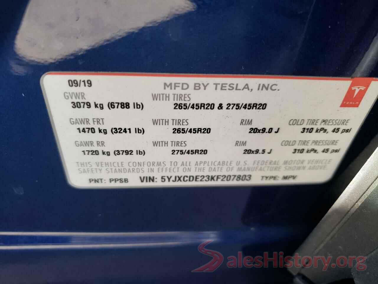 5YJXCDE23KF207803 2019 TESLA MODEL X