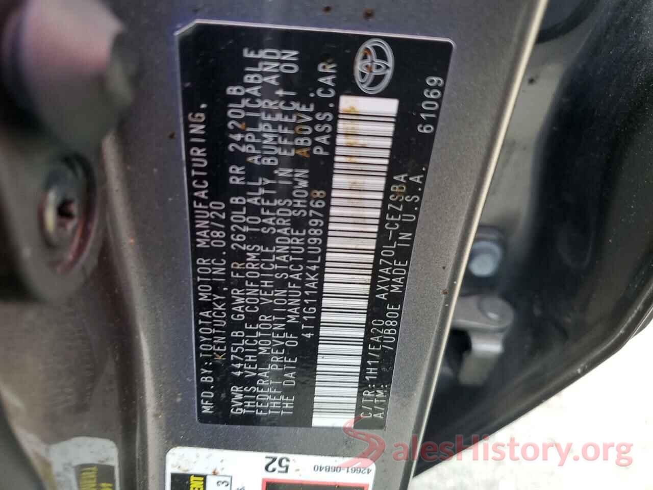 4T1G11AK4LU989768 2020 TOYOTA CAMRY