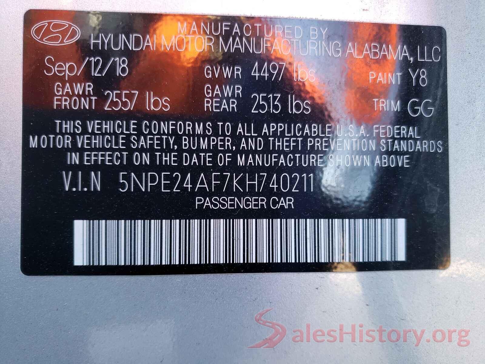 5NPE24AF7KH740211 2019 HYUNDAI SONATA