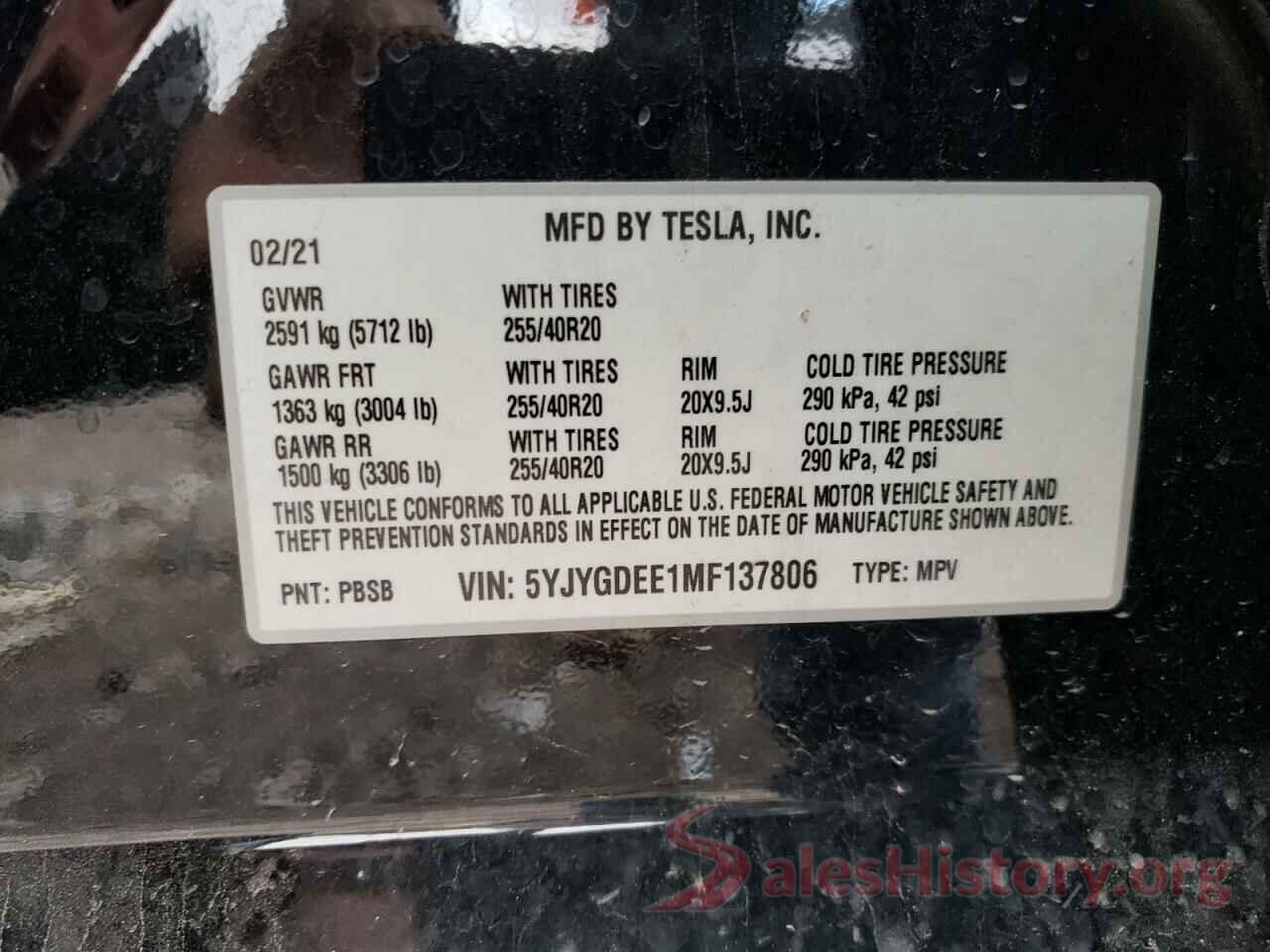 5YJYGDEE1MF137806 2021 TESLA MODEL Y