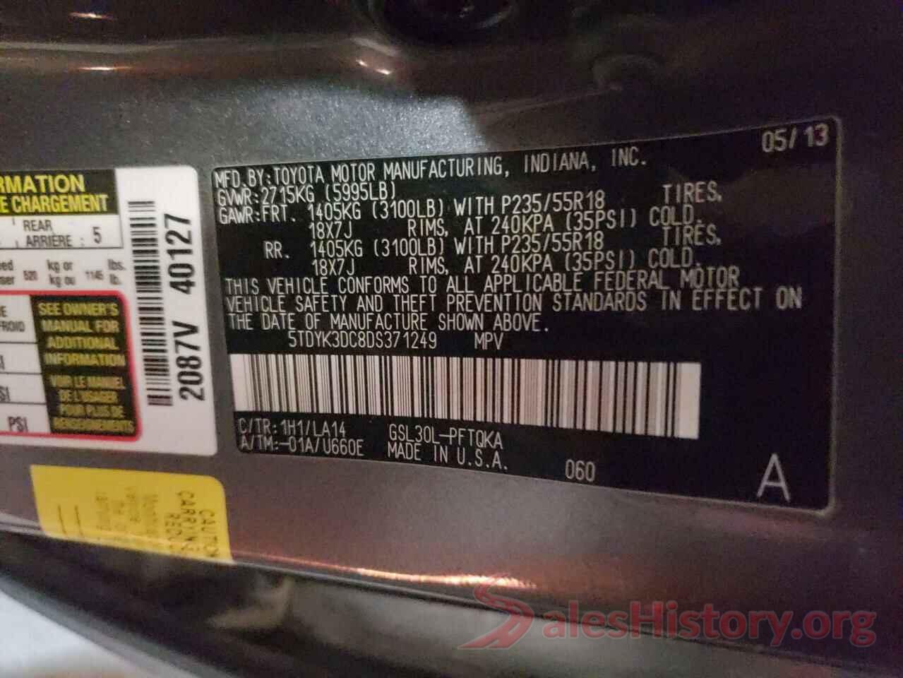 5TDYK3DC8DS371249 2013 TOYOTA SIENNA