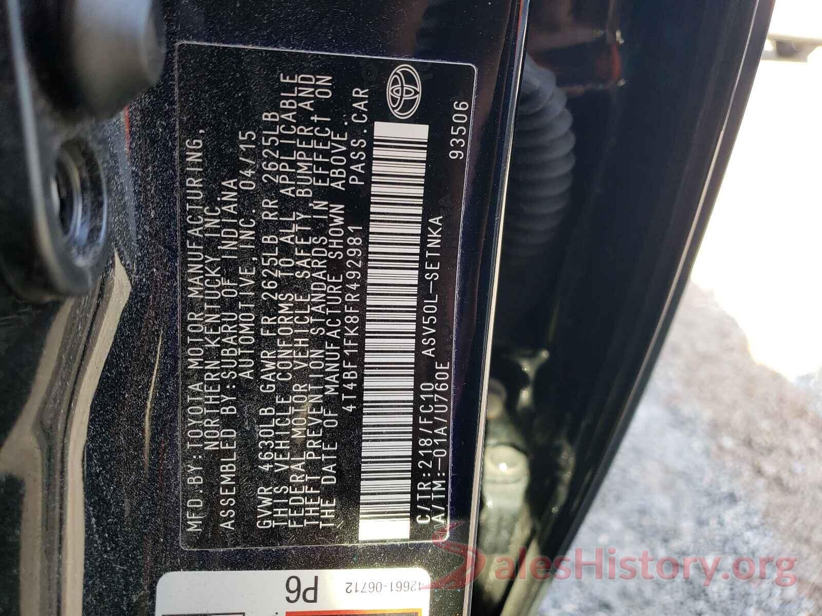 4T4BF1FK8FR492981 2015 TOYOTA CAMRY