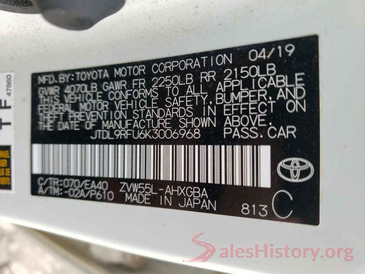 JTDL9RFU6K3006968 2019 TOYOTA PRIUS