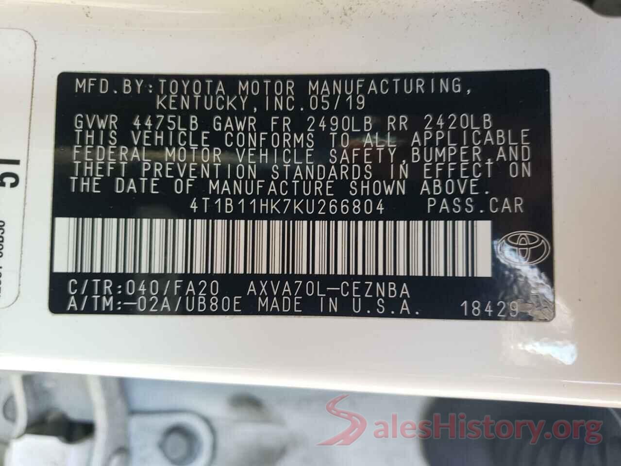 4T1B11HK7KU266804 2019 TOYOTA CAMRY