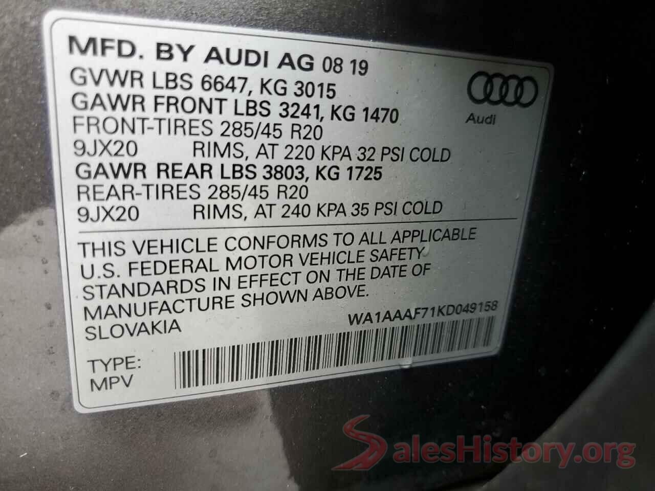 WA1AAAF71KD049158 2019 AUDI Q7