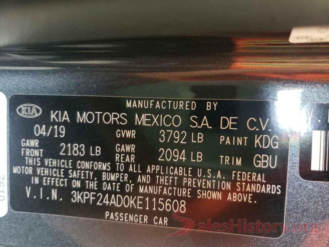 3KPF24AD0KE115608 2019 KIA FORTE