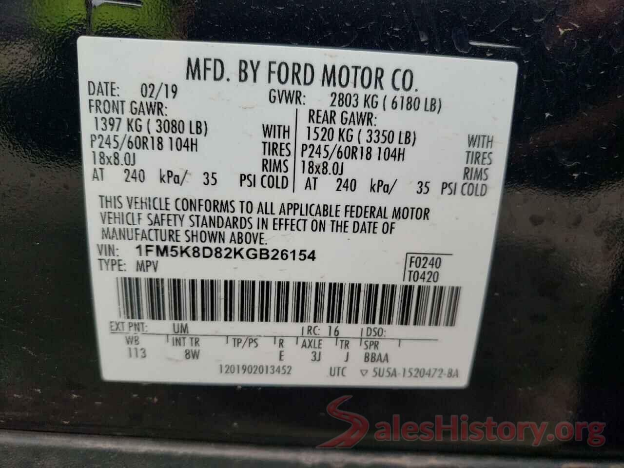 1FM5K8D82KGB26154 2019 FORD EXPLORER