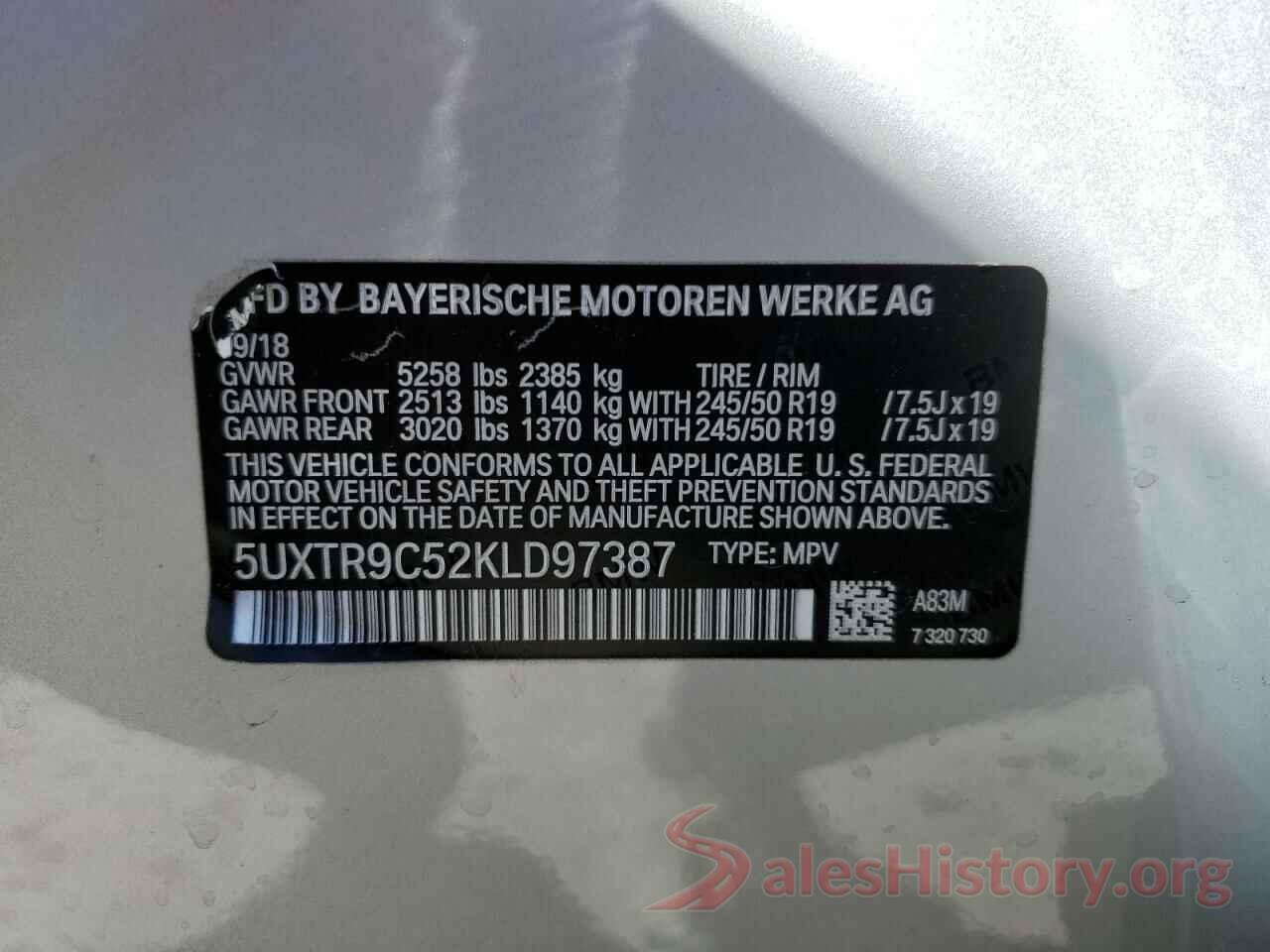 5UXTR9C52KLD97387 2019 BMW X3