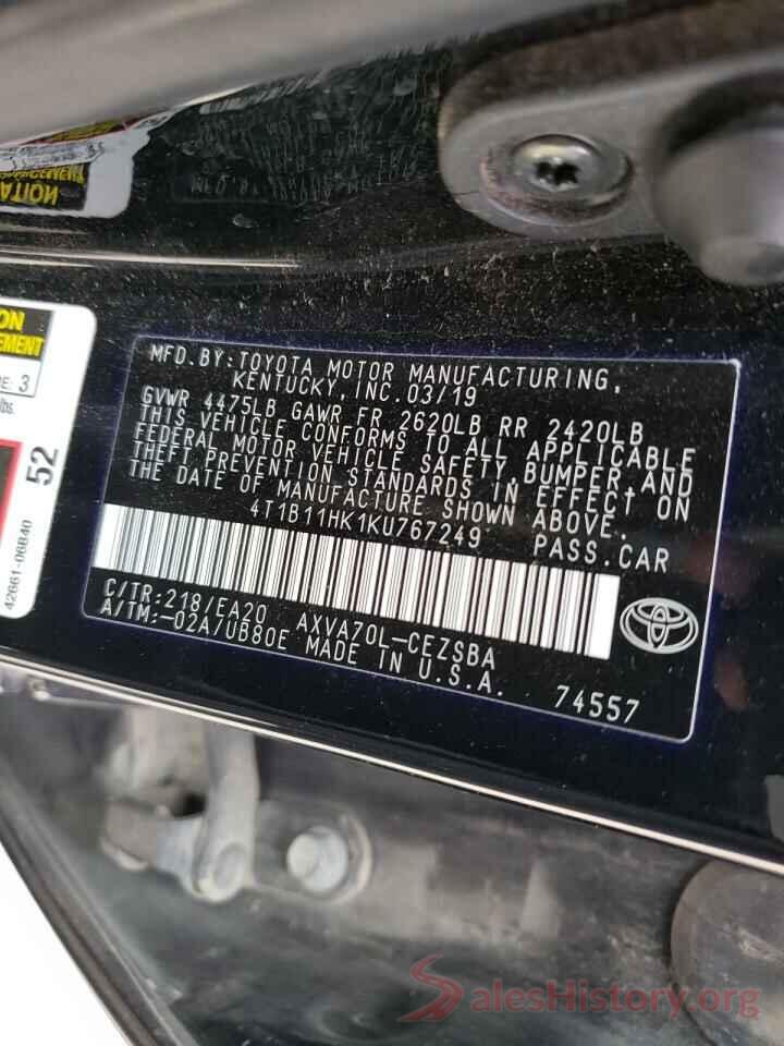 4T1B11HK1KU767249 2019 TOYOTA CAMRY