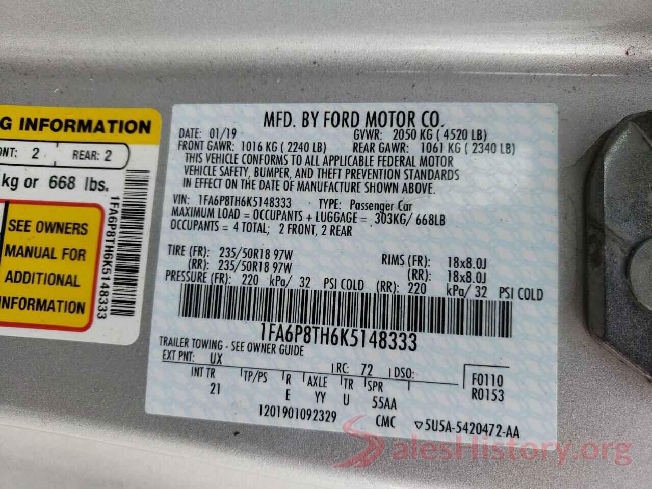 1FA6P8TH6K5148333 2019 FORD MUSTANG