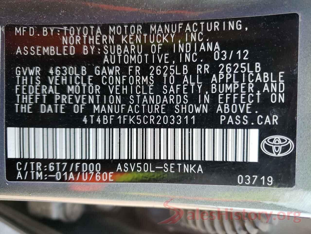 4T4BF1FK5CR203311 2012 TOYOTA CAMRY