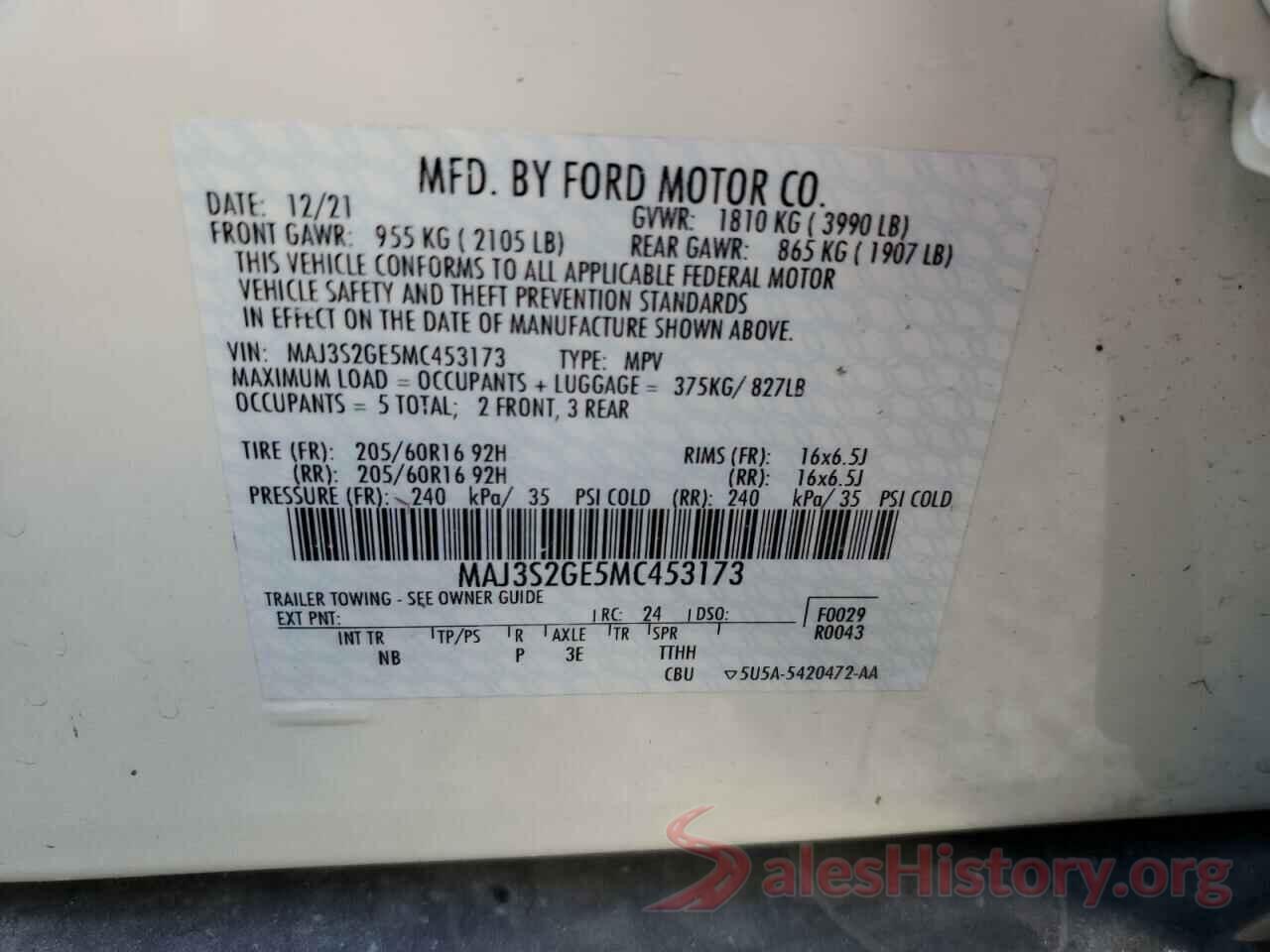 MAJ3S2GE5MC453173 2021 FORD ECOSPORT