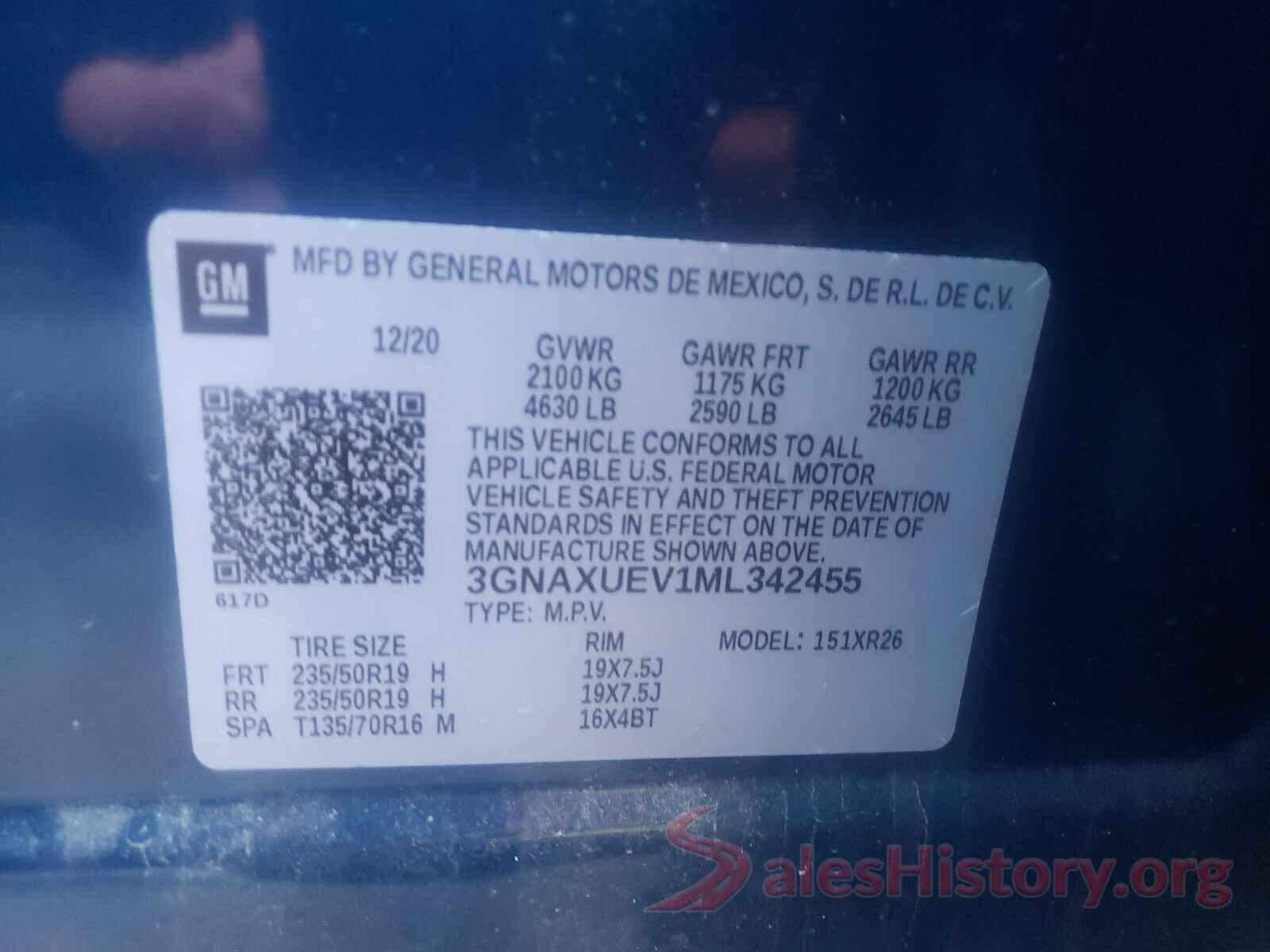 3GNAXUEV1ML342455 2021 CHEVROLET EQUINOX