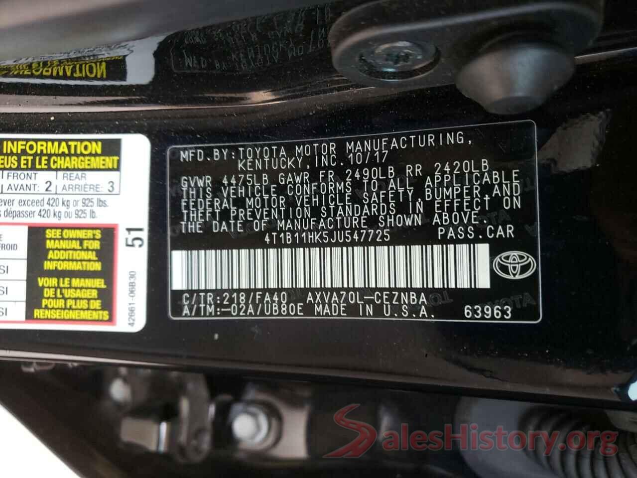 4T1B11HK5JU547725 2018 TOYOTA CAMRY