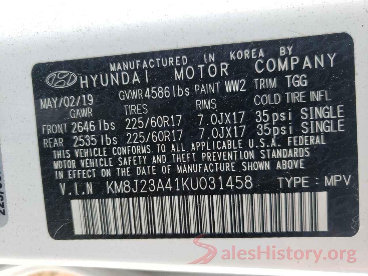 KM8J23A41KU031458 2019 HYUNDAI TUCSON