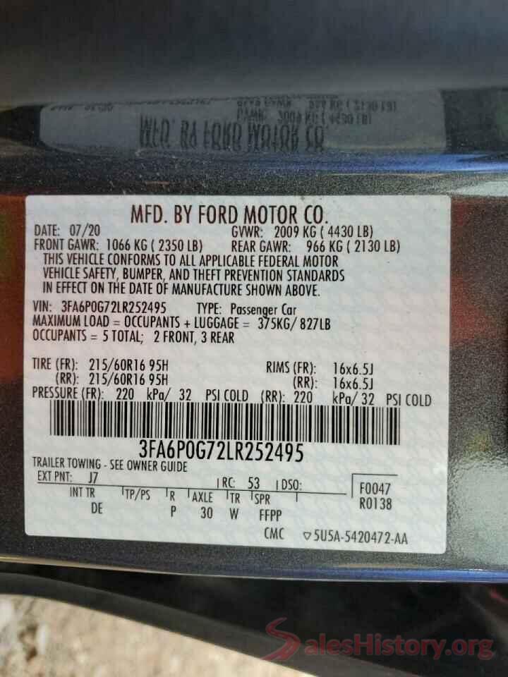 3FA6P0G72LR252495 2020 FORD FUSION