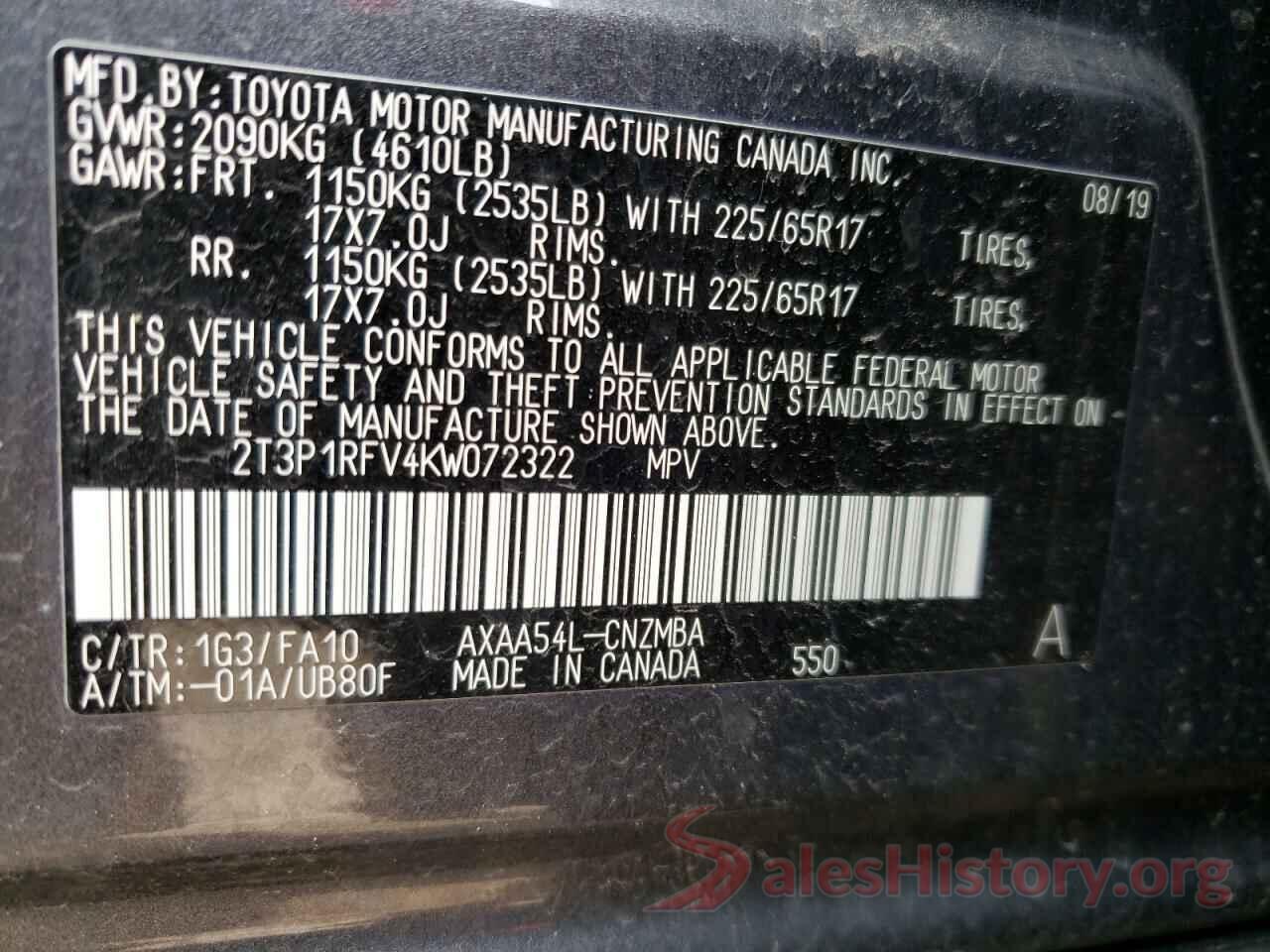 2T3P1RFV4KW072322 2019 TOYOTA RAV4