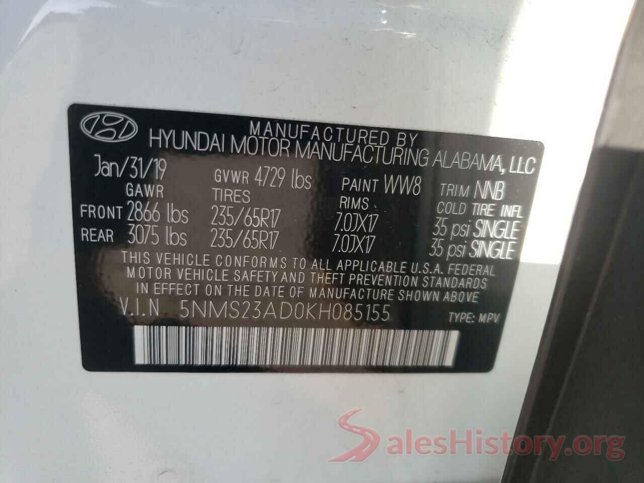 5NMS23AD0KH085155 2019 HYUNDAI SANTA FE