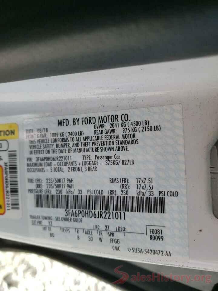 3FA6P0HD6JR221011 2018 FORD FUSION