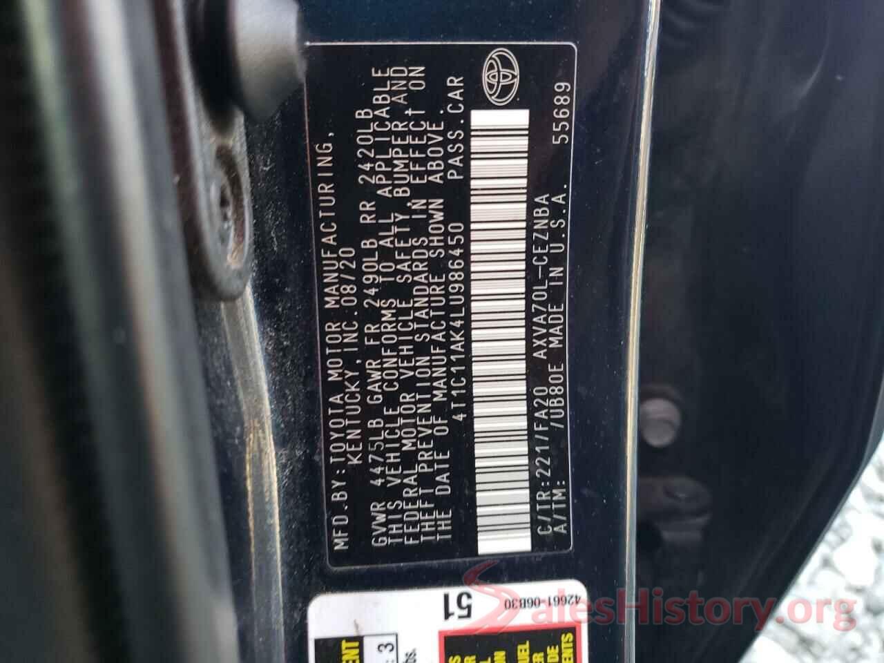 4T1C11AK4LU986450 2020 TOYOTA CAMRY