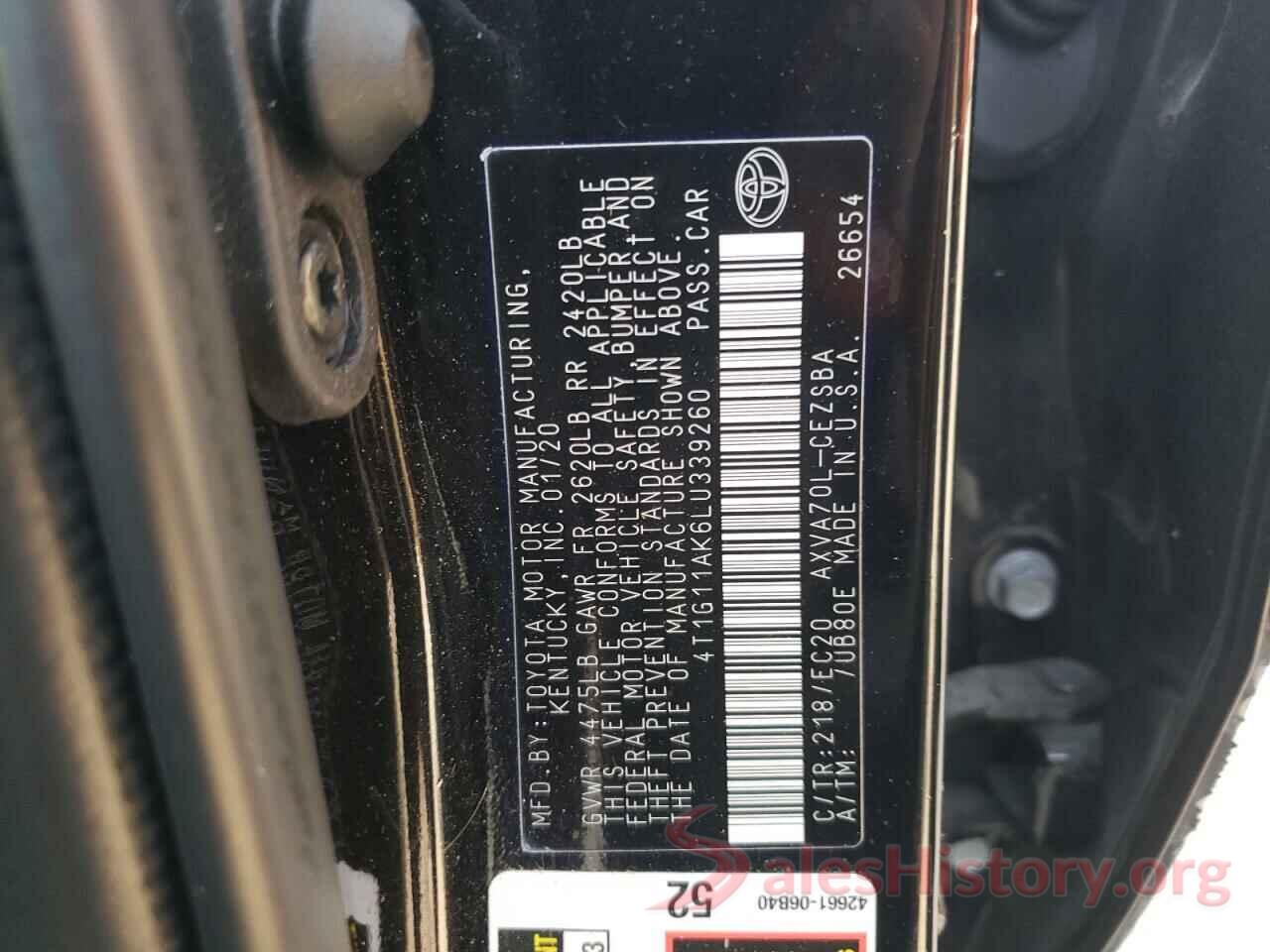 4T1G11AK6LU339260 2020 TOYOTA CAMRY