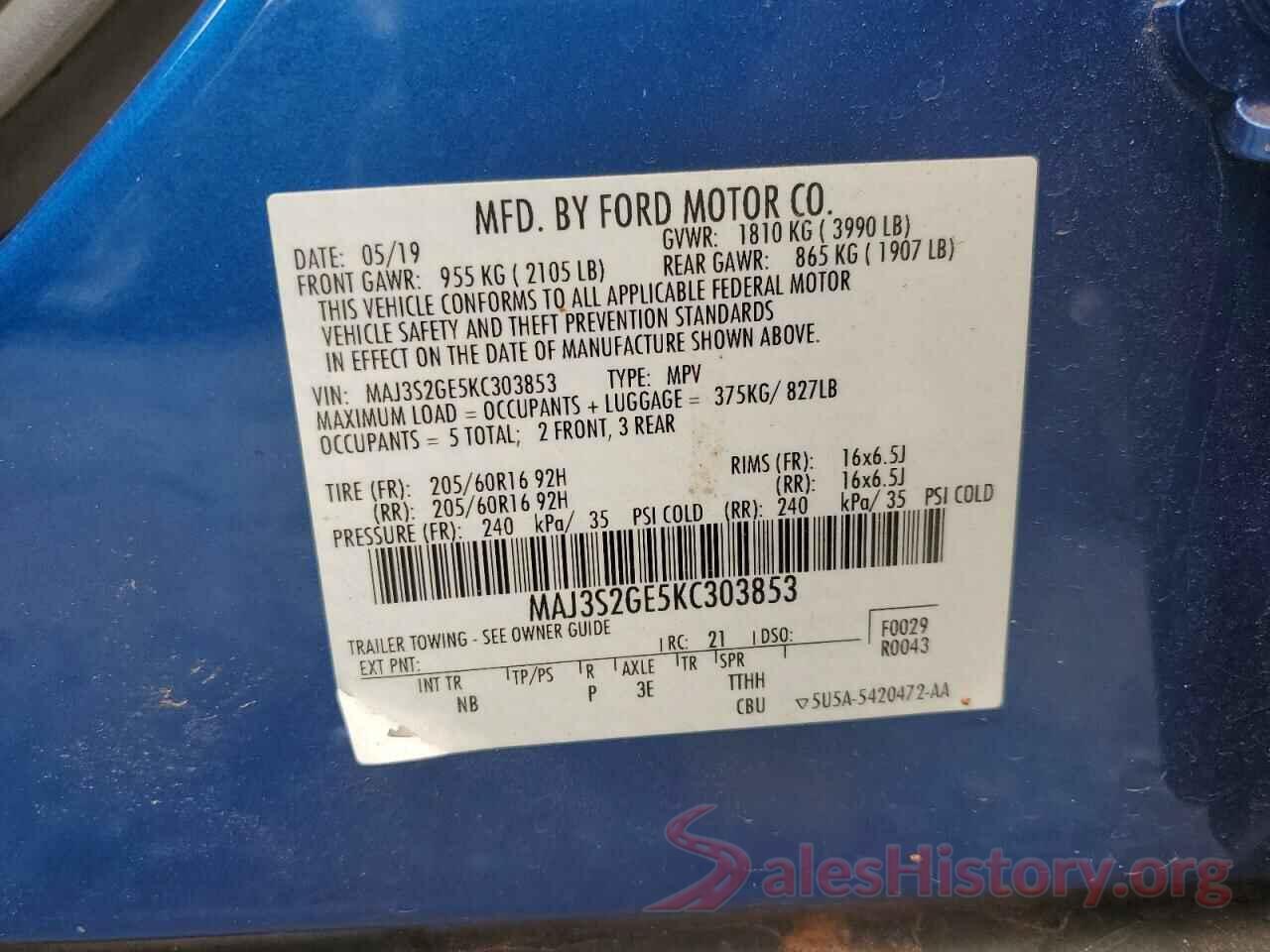 MAJ3S2GE5KC303853 2019 FORD ECOSPORT