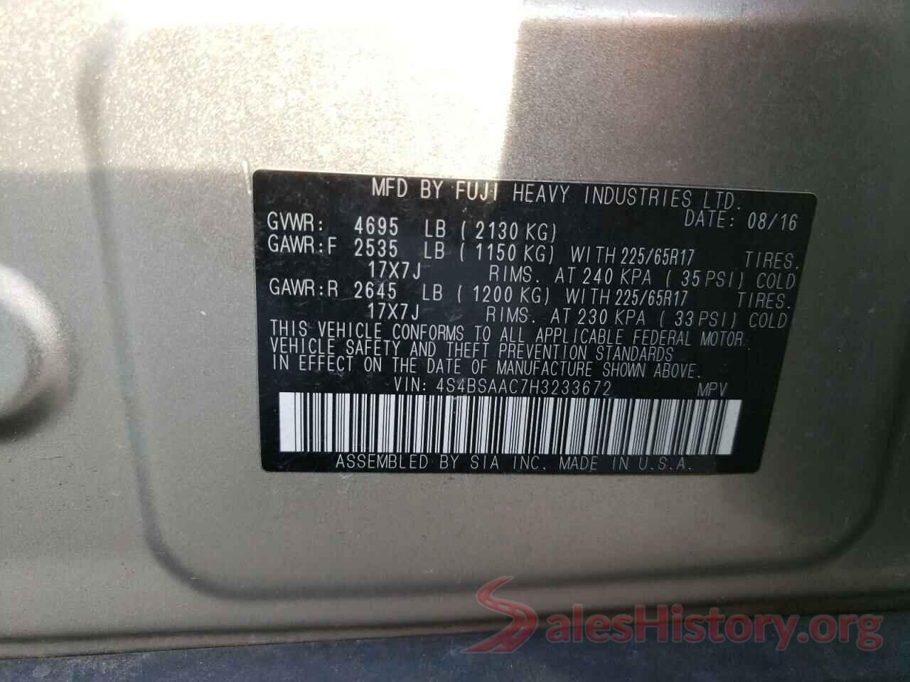 4S4BSAAC7H3233672 2017 SUBARU OUTBACK