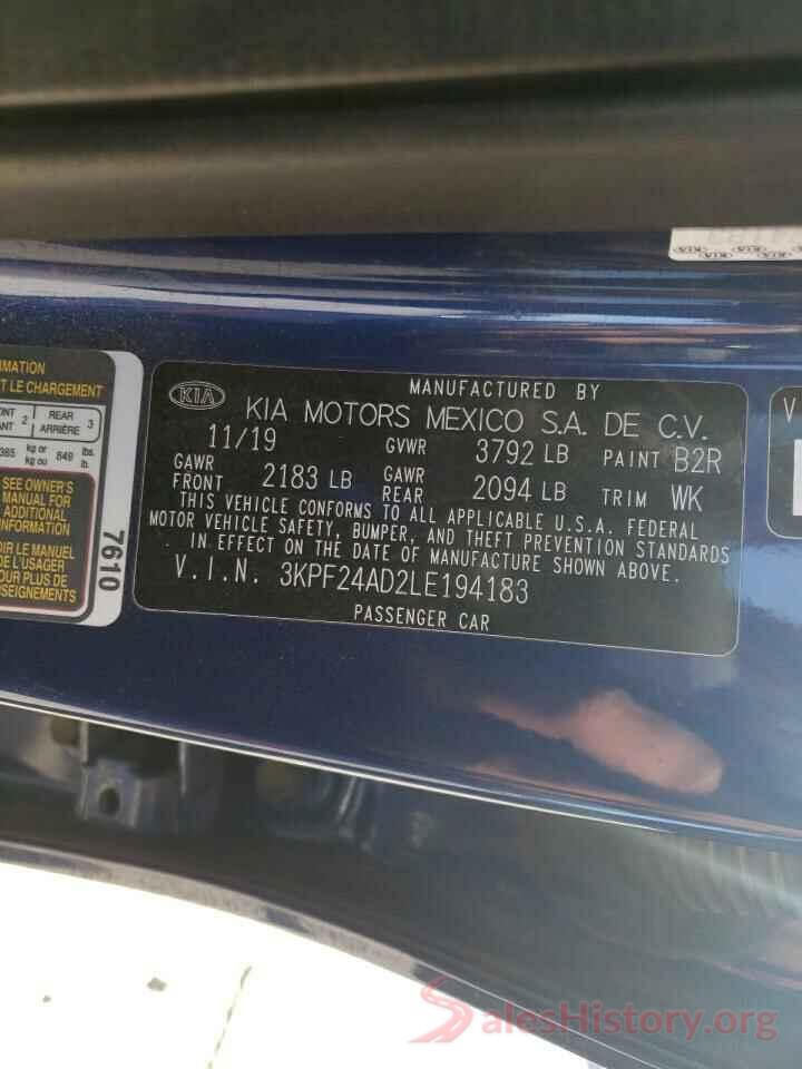 3KPF24AD2LE194183 2020 KIA FORTE