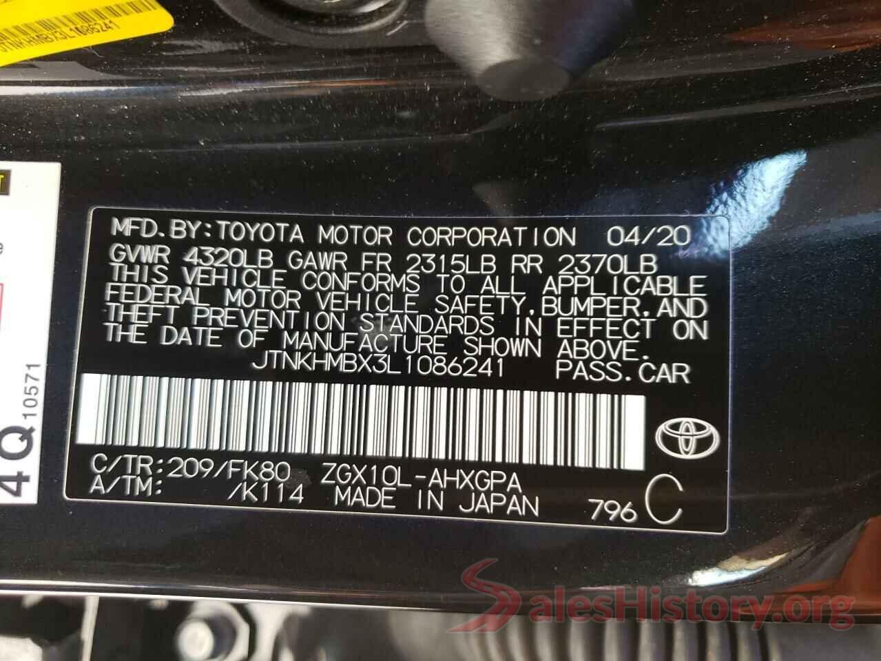 JTNKHMBX3L1086241 2020 TOYOTA C-HR