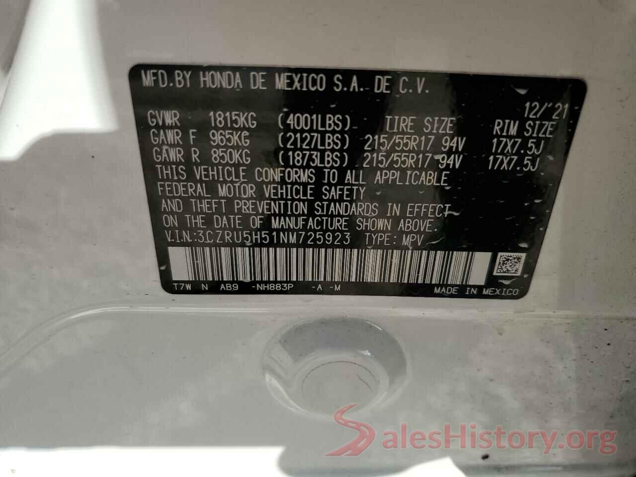 3CZRU5H51NM725923 2022 HONDA HR-V